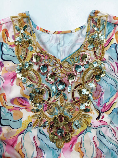 Women's Sequin-embroidered V-neck Flared Sleeve Dress