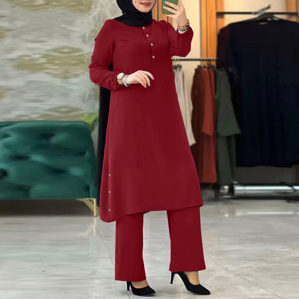Women's Solid Color Long Sleeve Elastic Waist Set