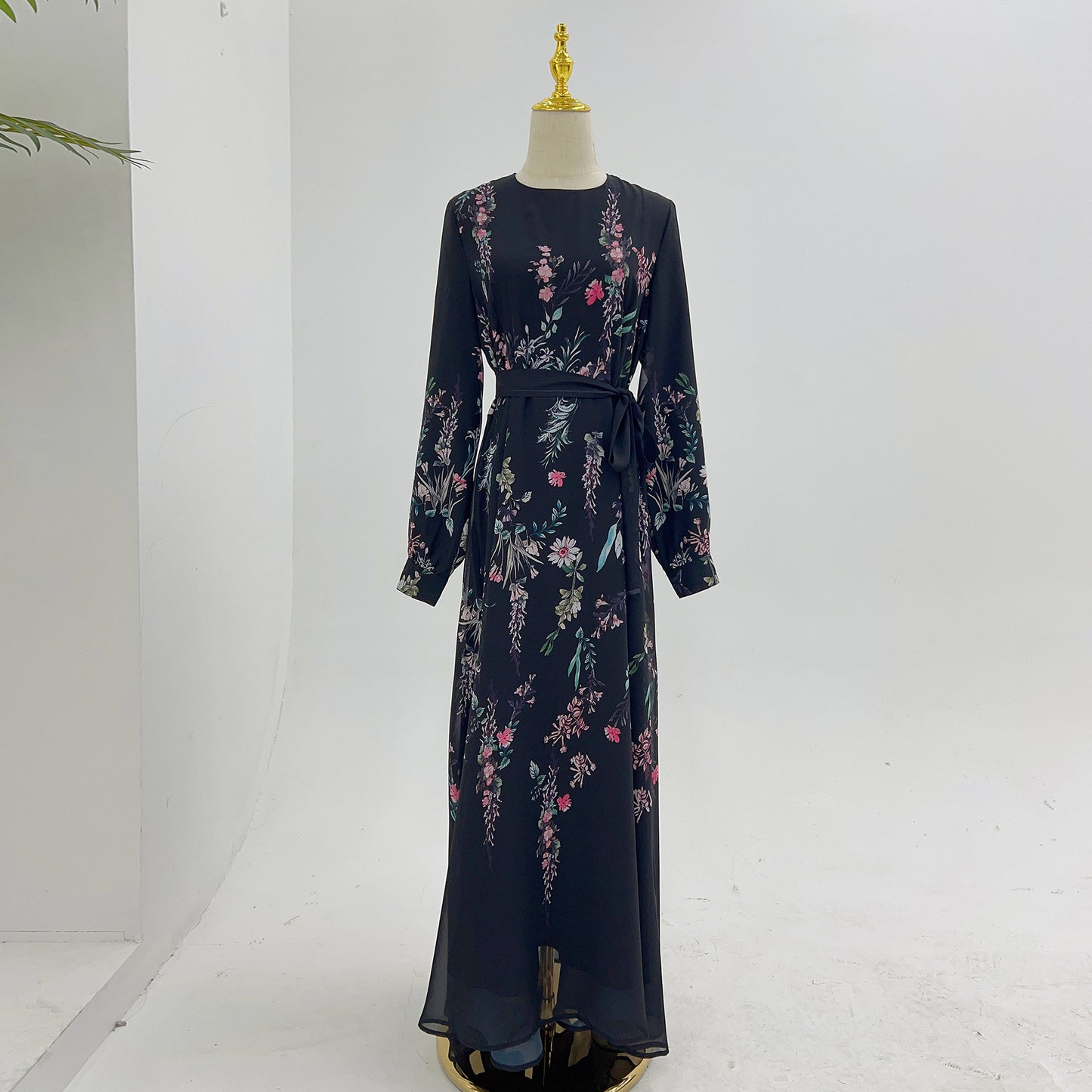 Black Floral Muslim Modest Chiffon Maxi Day Dress