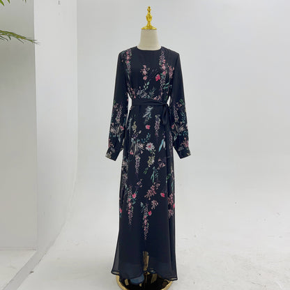 Black Floral Muslim Modest Chiffon Maxi Day Dress