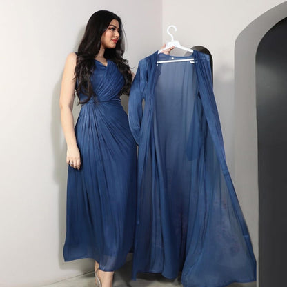 Women Plain Bright Silk Dress Two Piece Sets