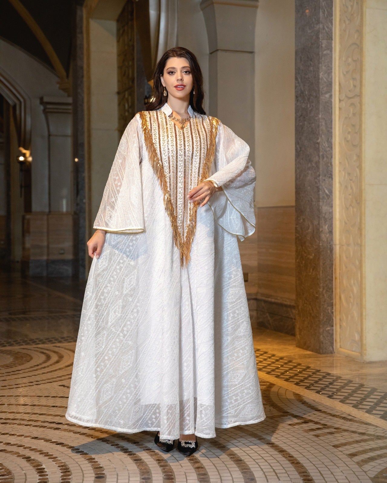 Women's Mesh Embroidered Sequin Jalabiya Dress