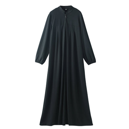 Stand Collar Maxi Dress with Pockets – Modest Long Sleeve Casual Abaya