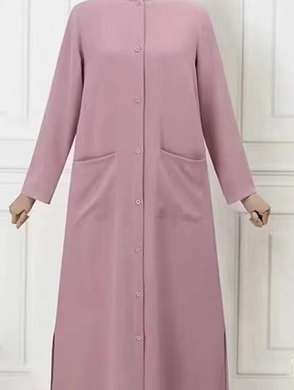 Women's Solid Color Shirt Dress Abaya with Pockets