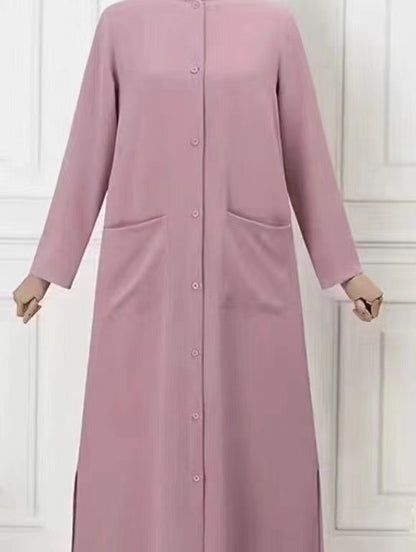 Women's Solid Color Shirt Dress Abaya with Pockets