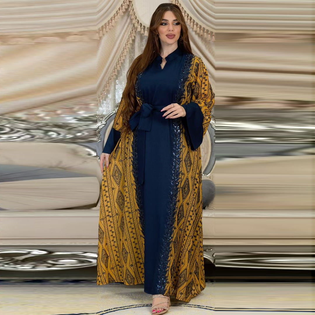 Colorblock Mesh Embroidered Beaded Muslim Dress