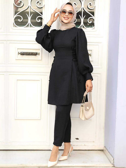 Women's Lace-up Balloon Sleeve Casual Suit