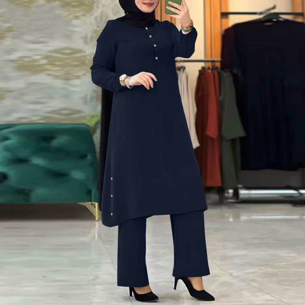 Women's Solid Color Long Sleeve Elastic Waist Set