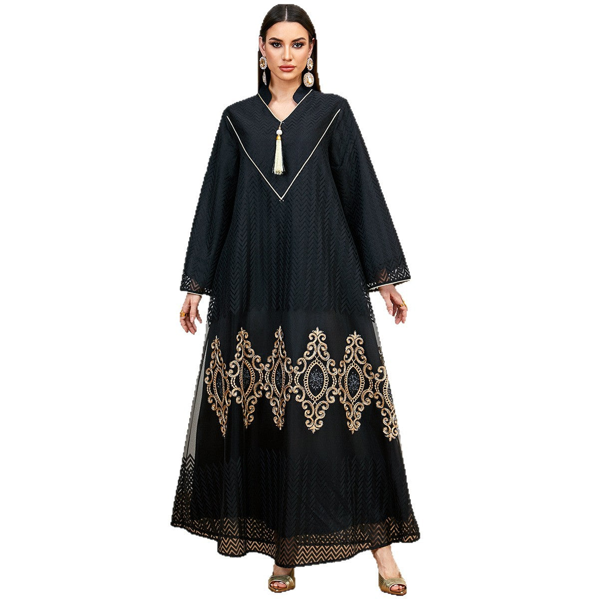 Embroidered Hem Maxi Abaya Dress for Evening