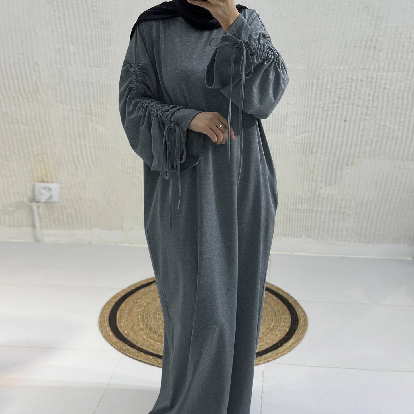Cuff Drawstring Middle East Modest Maxi Robe Abaya