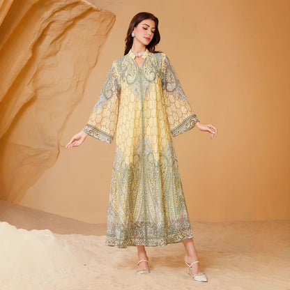 Embroidered Rhinestone Muslim Print Kaftan Dress