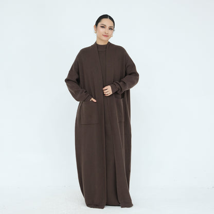 Thick Knit Two-Piece Abaya Set with Cardigan and Inner Dress