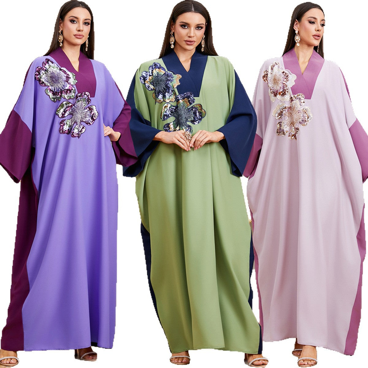 Elegant Contrast Embellished Batwing Kaftan Dress