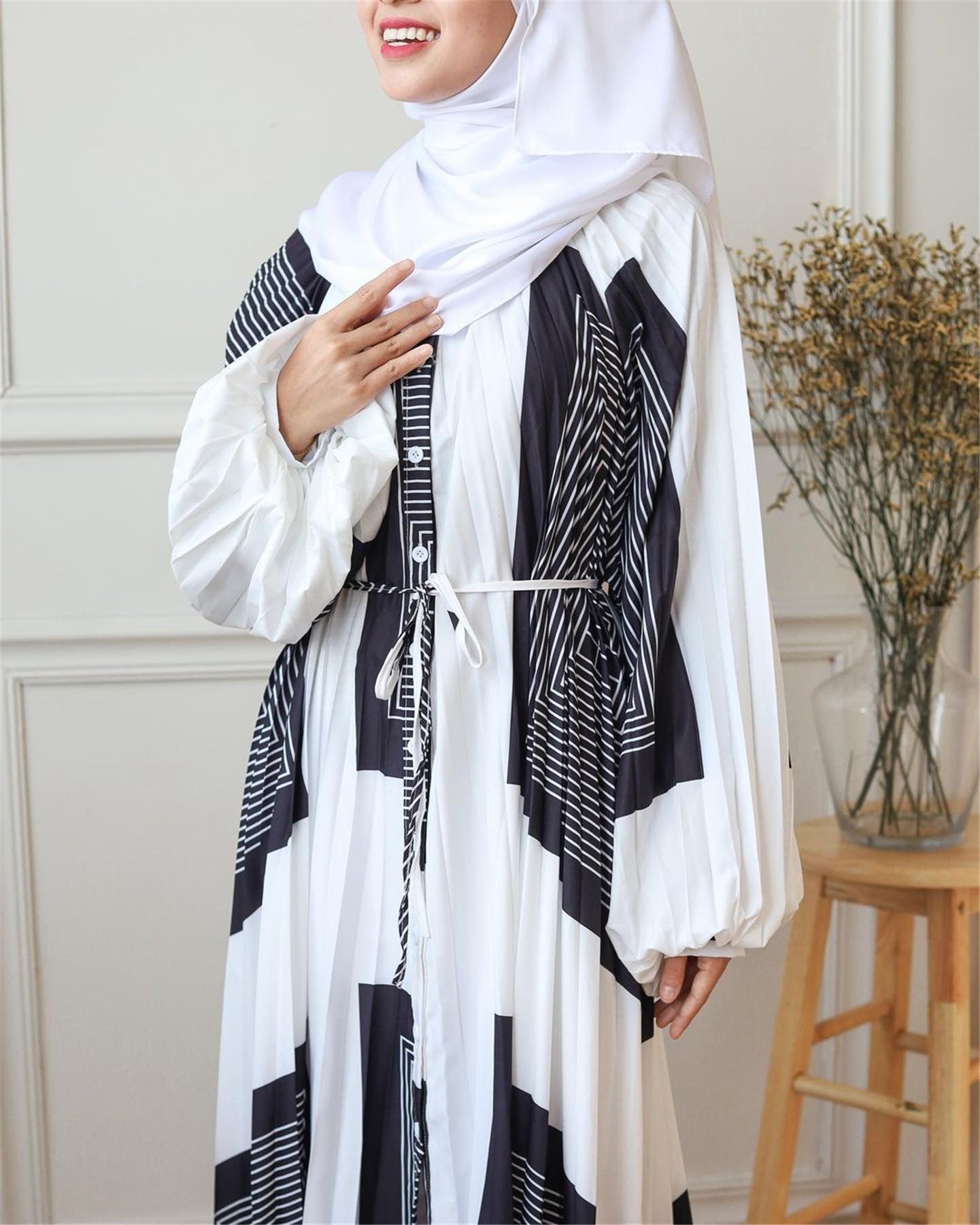 Printed Pleated Balloon Sleeve Casual Dress