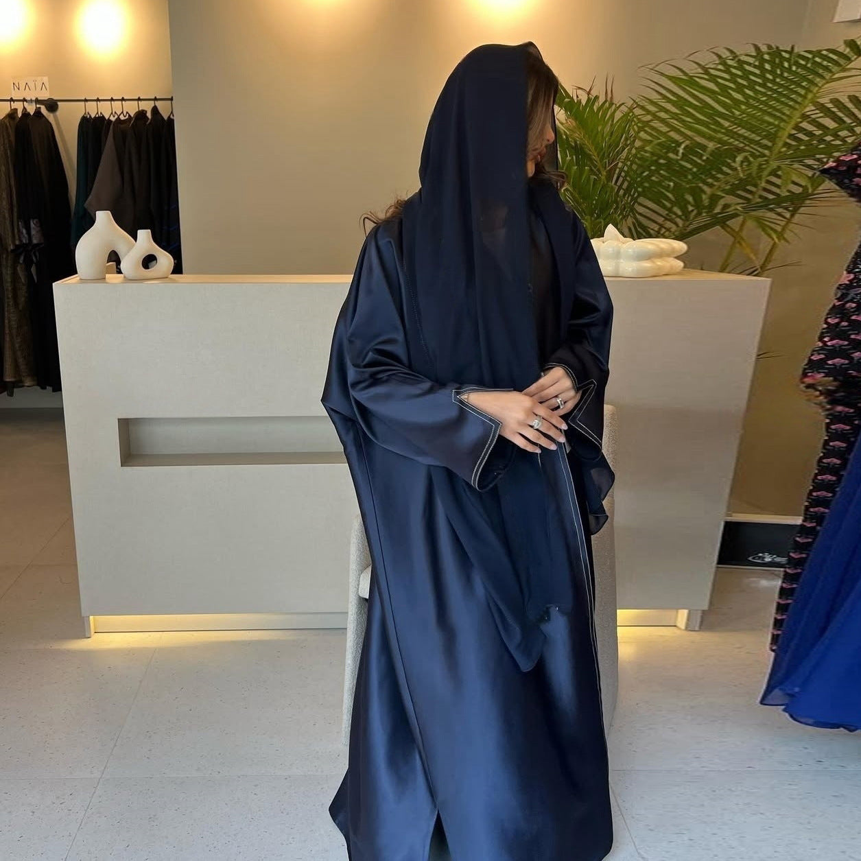 Loose Solid-colored Satin Open Abaya