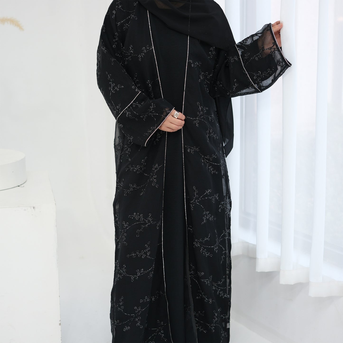Full Embroidered Open Abaya with Inner Dress Elegant Modest Style