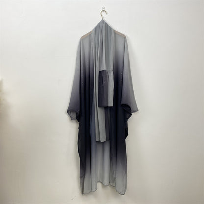 Muslim Chiffon Cardigan Gradient Bat Sleeve Set with Hijab