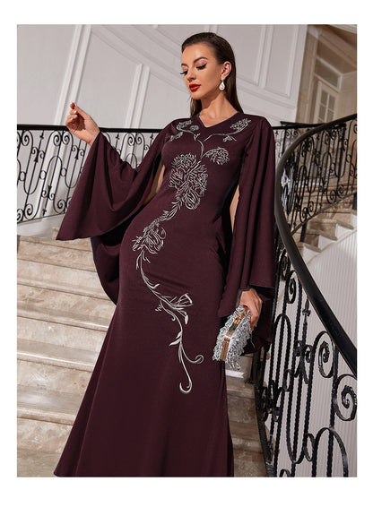 V-neck Bat Sleeve Party Embroidered Dress