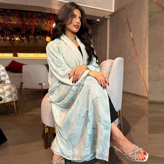 Chiffon Print Robe Open Abaya with Hijab