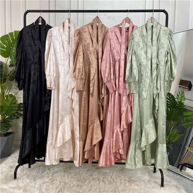 Modest Party Satin Dress with Ruffle Hem