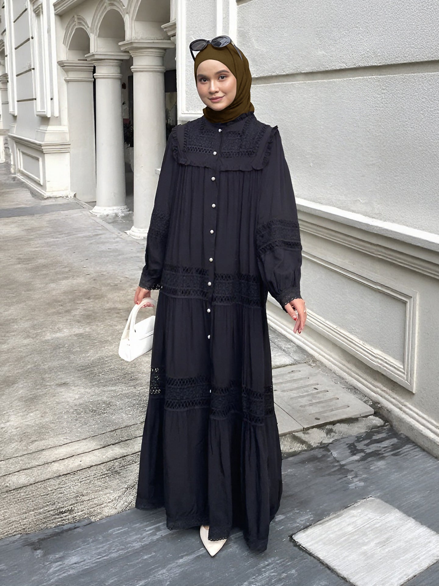 Elegant Ruffle-Trim Long Sleeve Maxi Dress