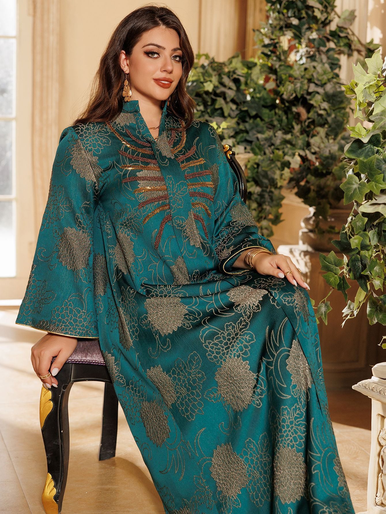 Women's V-neck Jacquard Beaded Dress