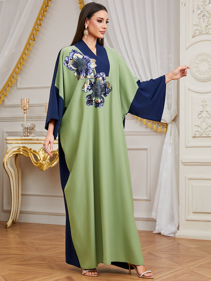 Elegant Contrast Embellished Batwing Kaftan Dress