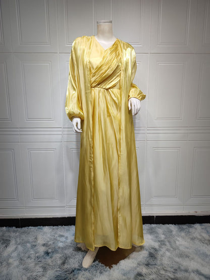 Women Plain Bright Silk Dress Two Piece Sets