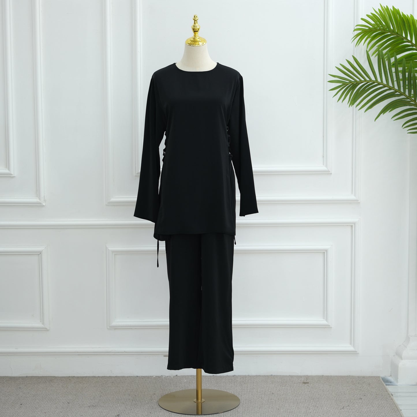 Elegant Modest Two-Piece Set with Long-Sleeve Top and Wide-Leg Pants | Nida Fabric Outfit
