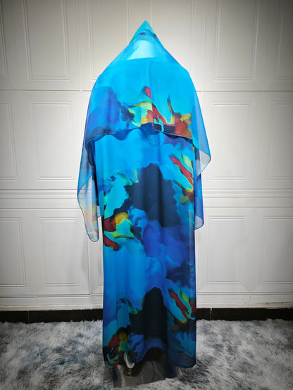 Printed Chiffon Open Abaya Cardigan Two Piece Set with Hijab