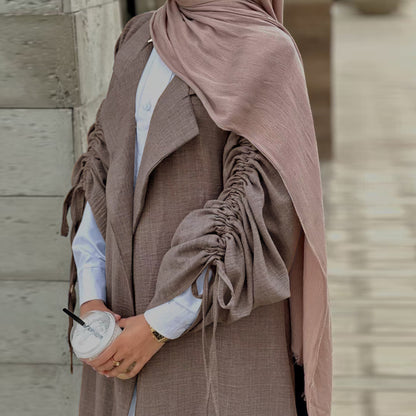 Elegant Blazer-Collar Abaya Cardigan with Ruched Sleeves