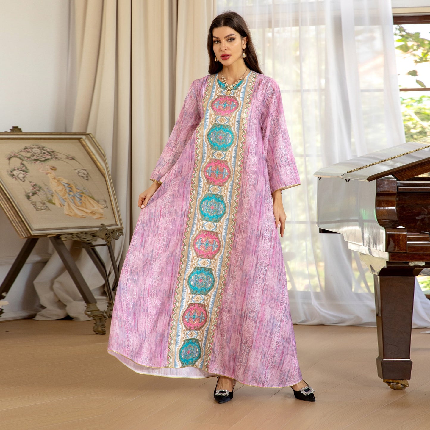 Women's Printed Beaded Embroidered Pullover Dress