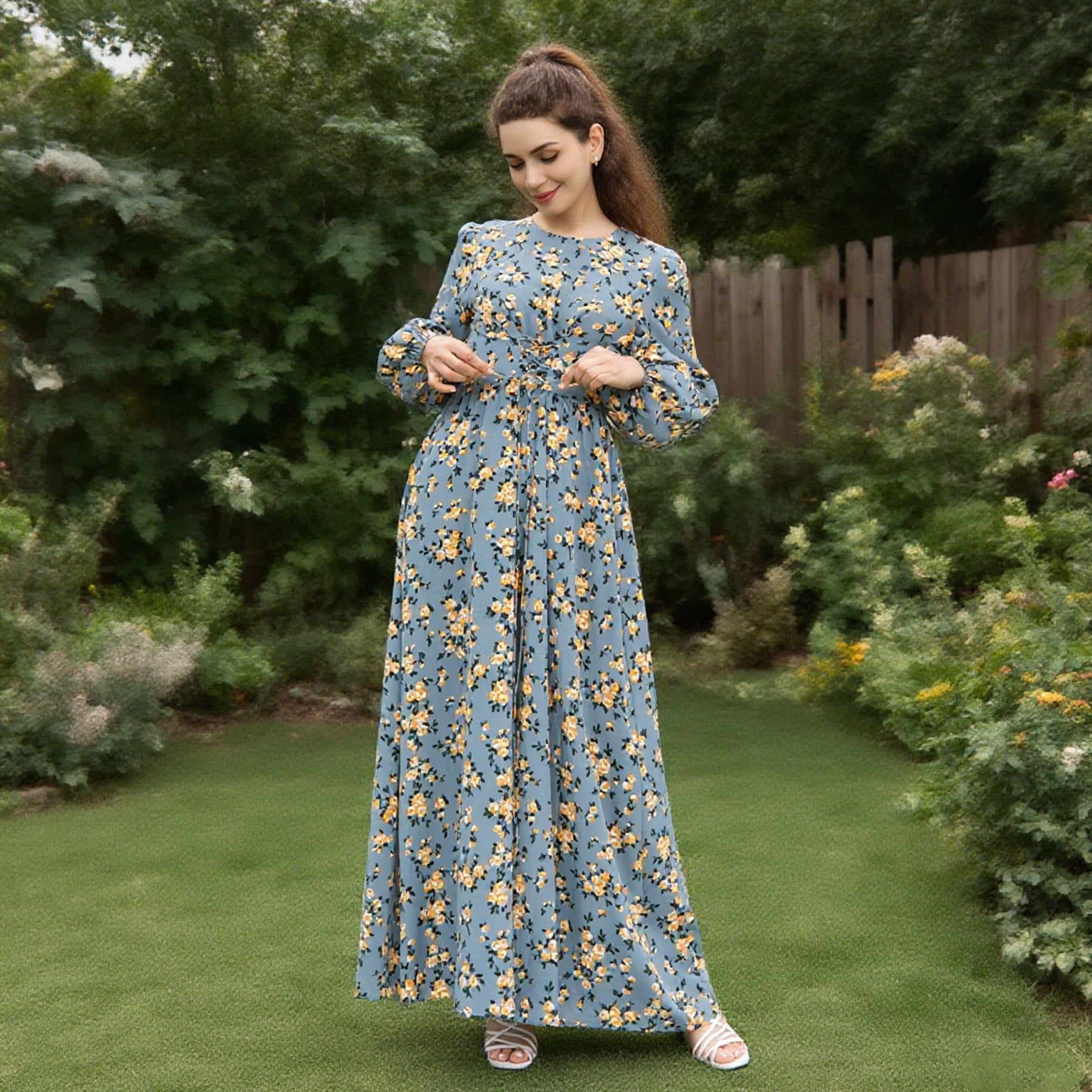 Floral Print Maxi Dress with Waist Tie Long Sleeve Modest Wear – Abayaya