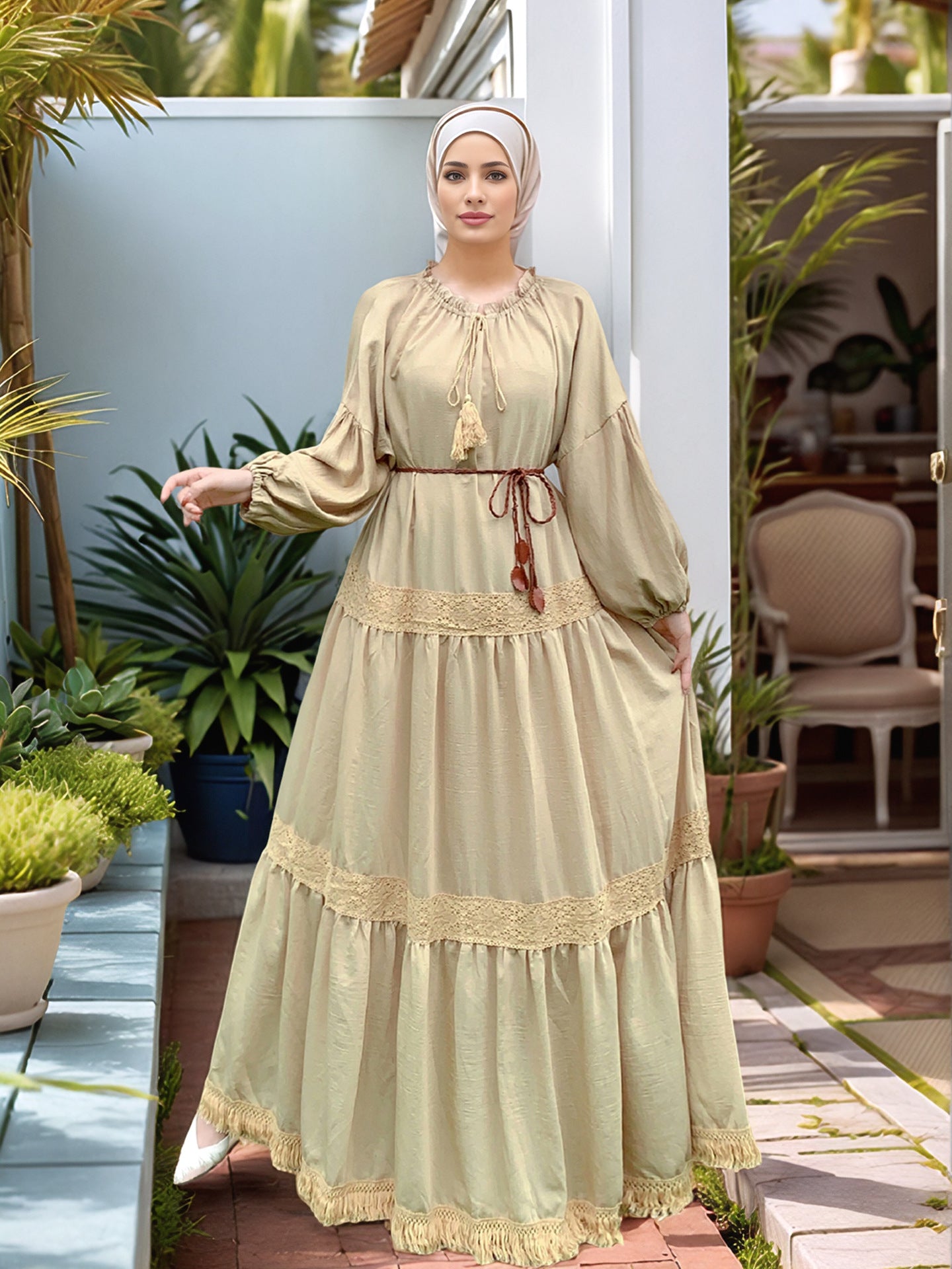 Lace Patchwork Maxi Dress with Tassel Belt and Ruffle Hem