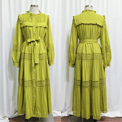 Elegant Ruffle-Trim Long Sleeve Maxi Dress