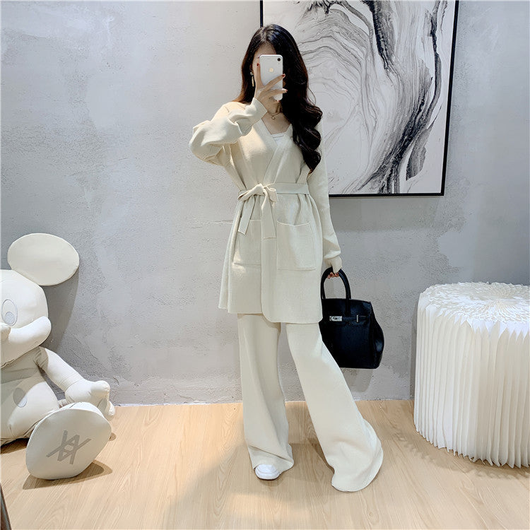 Women's Wide-Leg Pants Knitted Cardigan Two-Piece Set