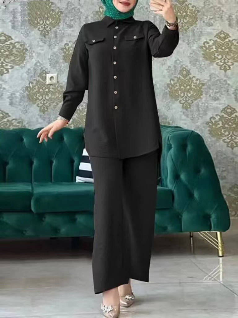 Plain Long-sleeved Shirt and Trousers Two-piece Sets
