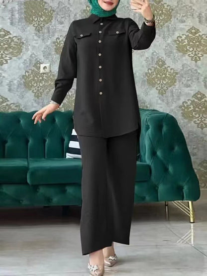 Plain Long-sleeved Shirt and Trousers Two-piece Sets
