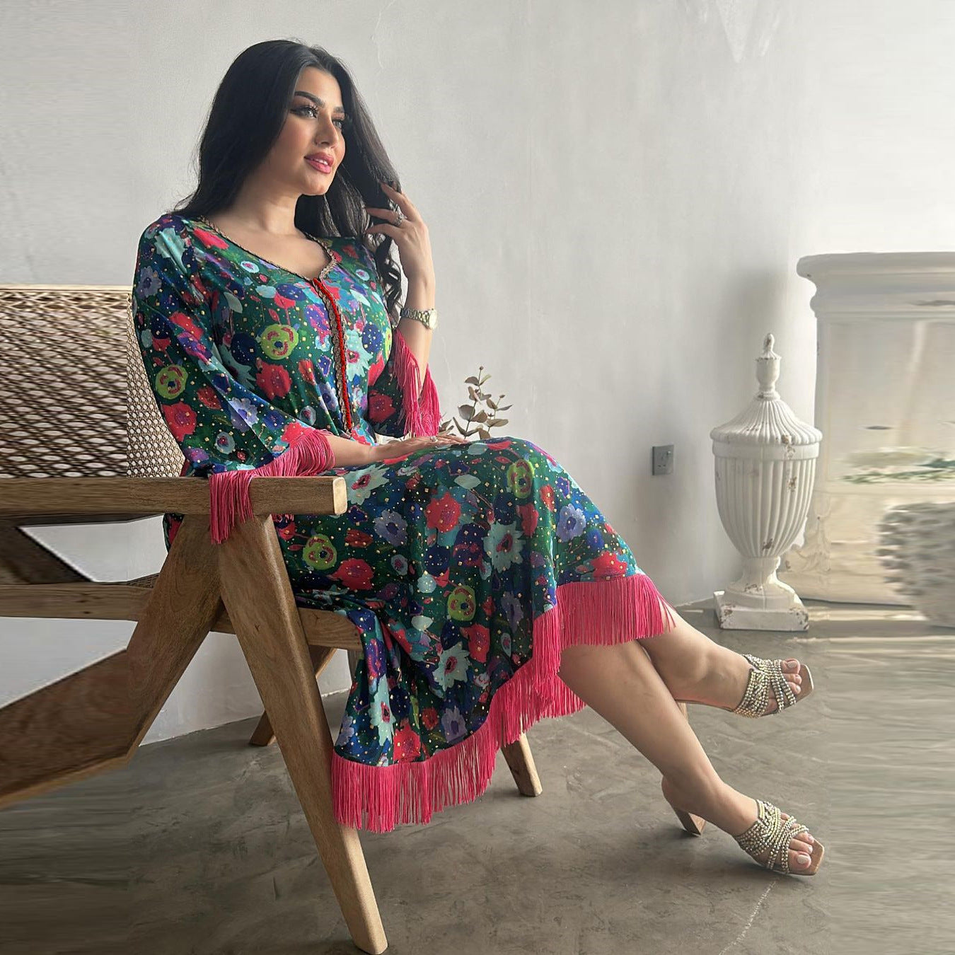 Women's Gilded Print Casual Jalabiya Dress