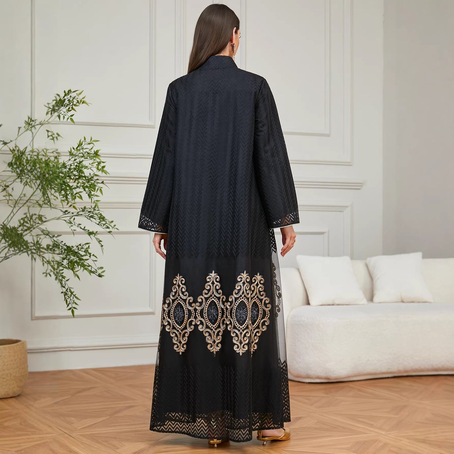 Embroidered Hem Maxi Abaya Dress for Evening