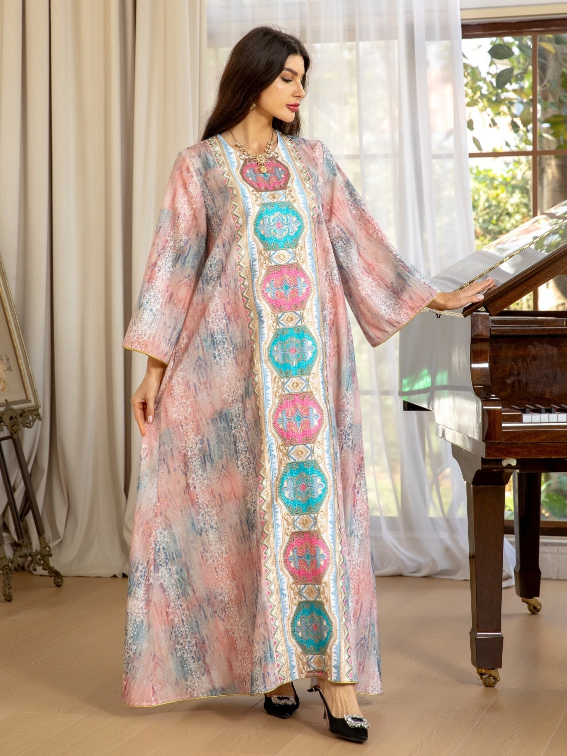 Women's Printed Beaded Embroidered Pullover Dress