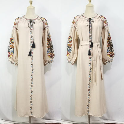 Women's Embroidered Tassel Cotton and Linen Dress