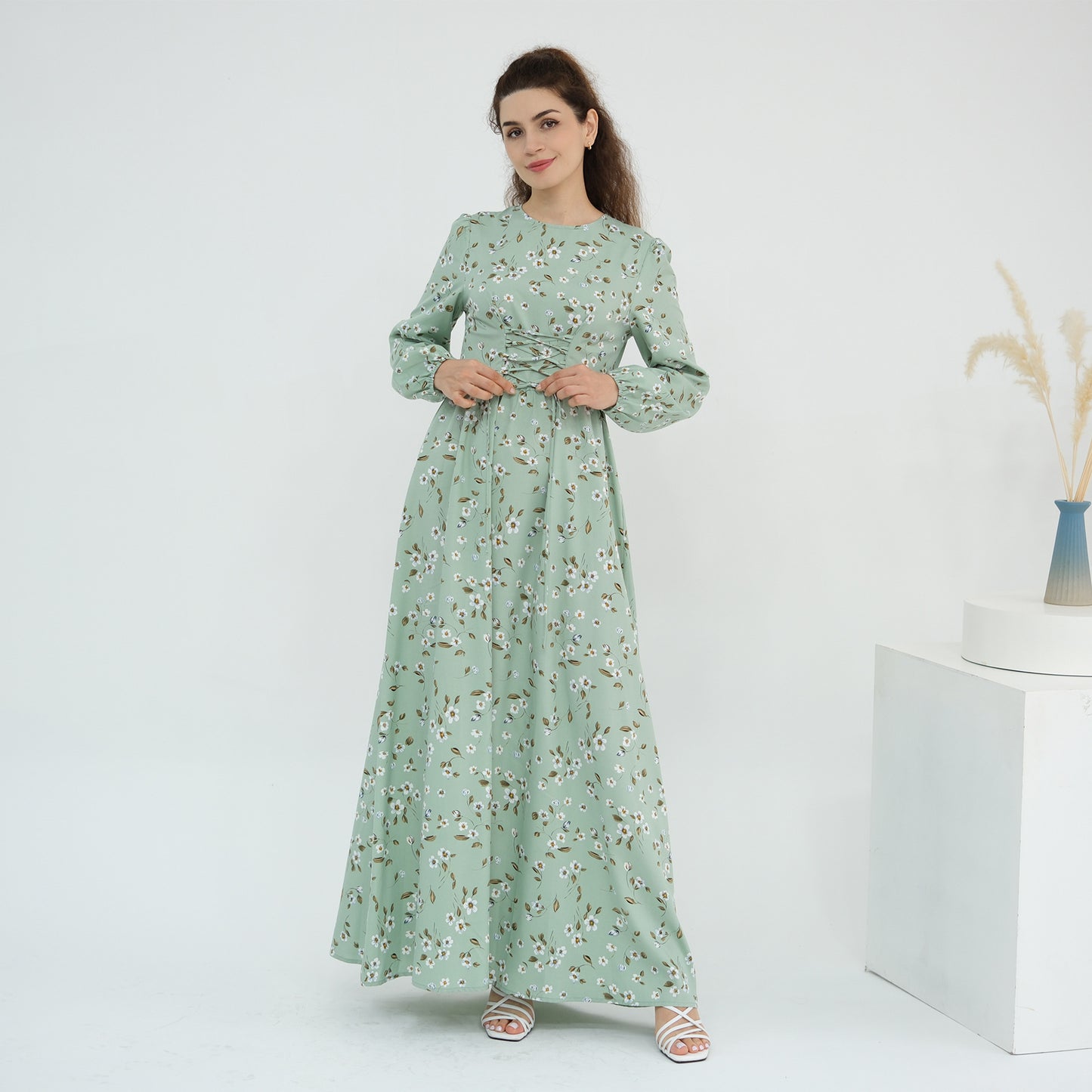 Floral Print Maxi Dress with Waist Tie Modest Long Sleeve