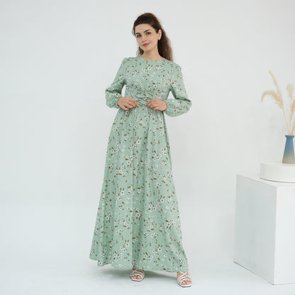 Floral Print Maxi Dress with Waist Tie Modest Long Sleeve