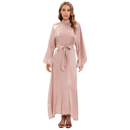 Satin Long Sleeve Maxi Dress with Bow Belt and Lantern Sleeves
