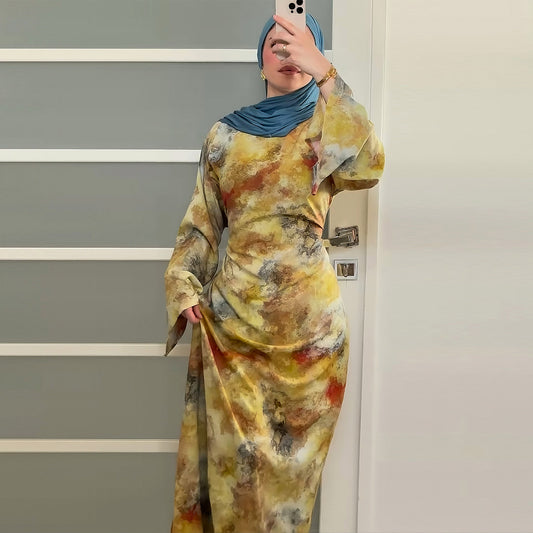 Elegant Printed Maxi Dress with Waist Tie and Back Zipper