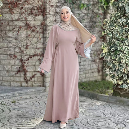 Lace Trim Maxi Dress with Waist Belt Modest Abaya Style