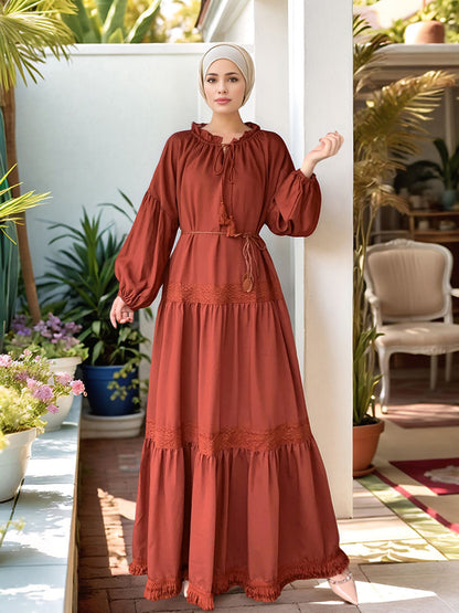 Lace Patchwork Maxi Dress with Tassel Belt and Ruffle Hem