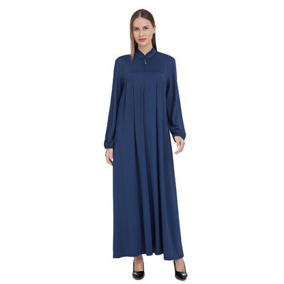 Stand Collar Maxi Dress with Pockets – Modest Long Sleeve Casual Abaya