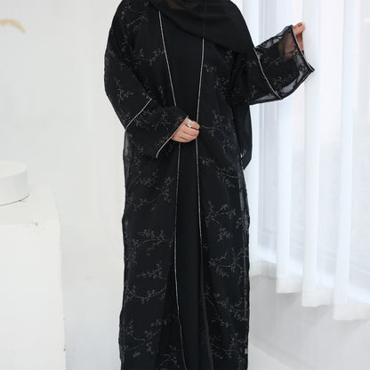 Full Embroidered Open Abaya with Inner Dress Elegant Modest Style